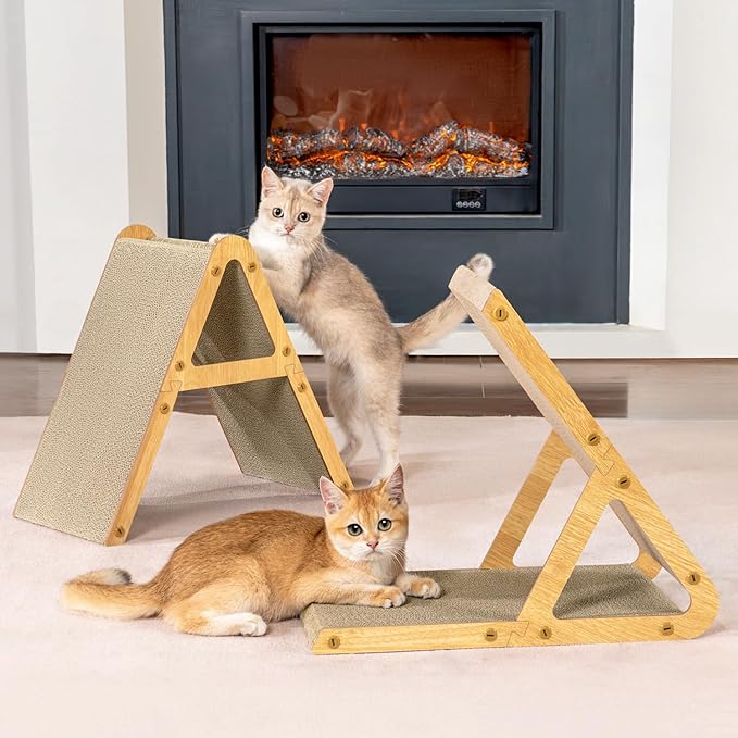 A-Frame Cat Scratching Board, Recycled Cardboard & Wood Frame, Dual-Sided Vertical Horizontal Cat Scratcher for Indoor Kittens, Ideal for Multiple Cats- 2 Pack, Light Wood, Small