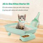 PAWISE Cat Litter Box Set, Small Kitten Starter Kit, Includes Litter Box, Litter Scoop, Double Dish Feeding Bowl, Cat Mouse Toy, Kitty Ball Toy, Green