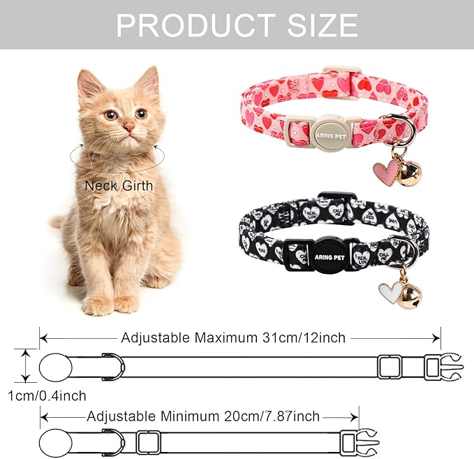 ARING PET 2 Pack Valentine's Day Cat Collar, Breakaway Kitten Small Black White Pink Heart Collars with Bells for Girl Boy Cats