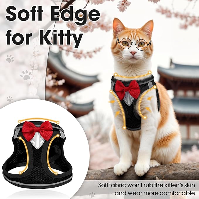 Cat Vest Harness and Leash Set for Walking Escape Proof, Adjustable Kitten Harness Breathable Mesh with Reflective Strips Harness for Kitty Puppy Bunny (Black,XS)