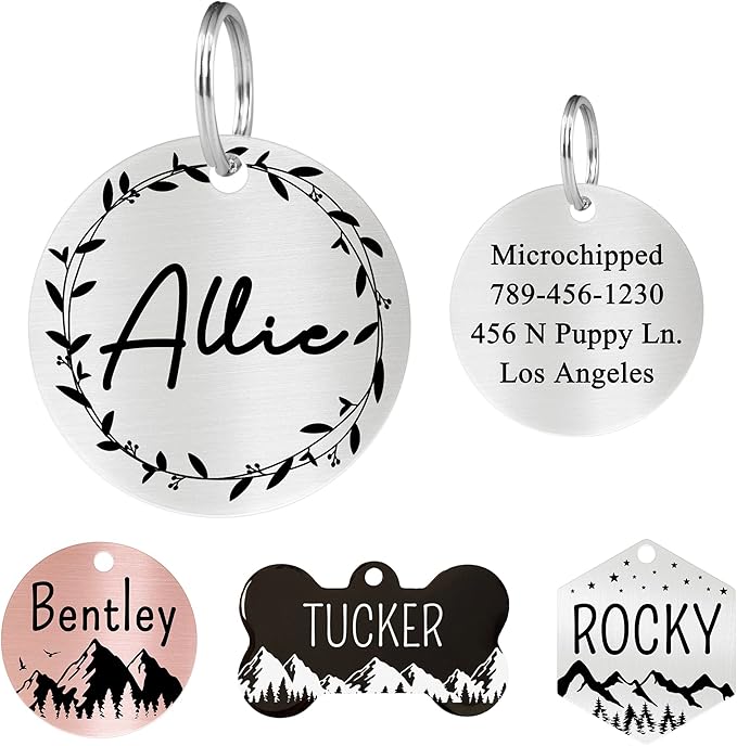 Ultra Joys Stainless Steel Pet ID Tag Dog Name Tags Personalized Front and Back Engraving, Customized Dog Tags and Cat Tag, Optional Engraved on Both Sides, Round Tag Vine Design 2, Silver Small
