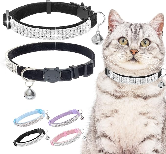 EXPAWLORER Soft Velvet Safe Cat Collars for Girl Cats - Rhinestones Bling Diamante Adjustable Collars Breakaway- Chirstmas Cat Clollar Gifts with Bells for Boy Cats Kitty and Small Dogs