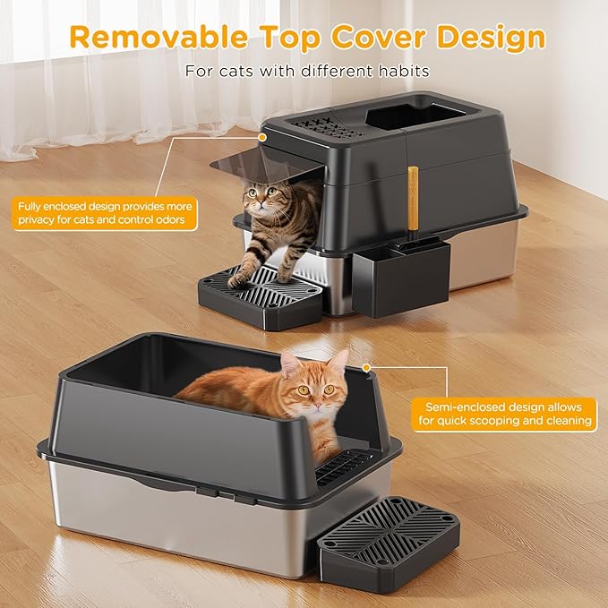 Stainless Steel Litter Box with Lid, XL Closed Metal Litter Box Modular Design with Flip Lid Fits All Cats, Extra Large Covered High Sided Cat Box, Scoop, Non-Sticky, Easy Cleaning (Black)