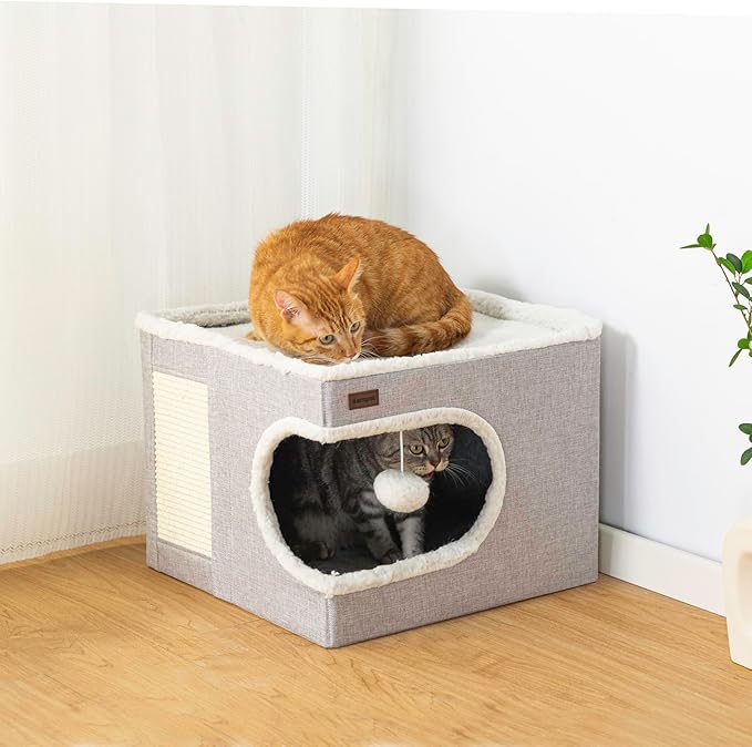 Cat Bed for Indoor Cats Cube House, Covered Cat Cave Beds & Furniture with Scratch Pad and Hideaway Tent, Cute Modern Cat Condo for Multi Small Pet Large Kitten Kitty, Grey