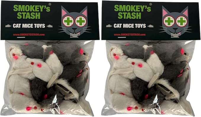 Smokey's Stash Rabbit Fur Mouse Cat Toy 24 per Pack White and Gray Fuzzy Toys for Cats with Rattle Realistic Fake mice (24)
