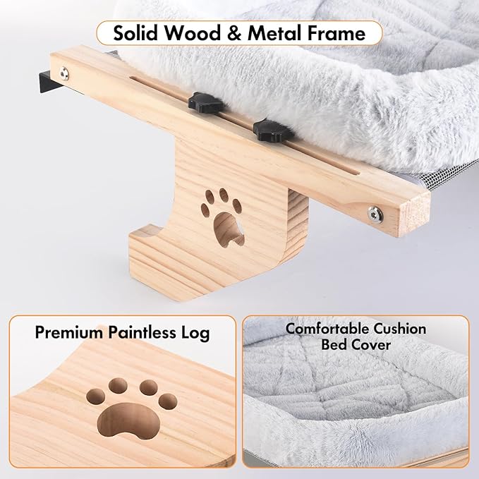 AMOSIJOY Cat Sill Window Perch Sturdy Hammock Window Seat with Cushion Cover, Wood & Metal Frame for Large Cats, Easy to Adjust Cat Bed for Windowsill, Bedside, Drawer and Cabinet (L)