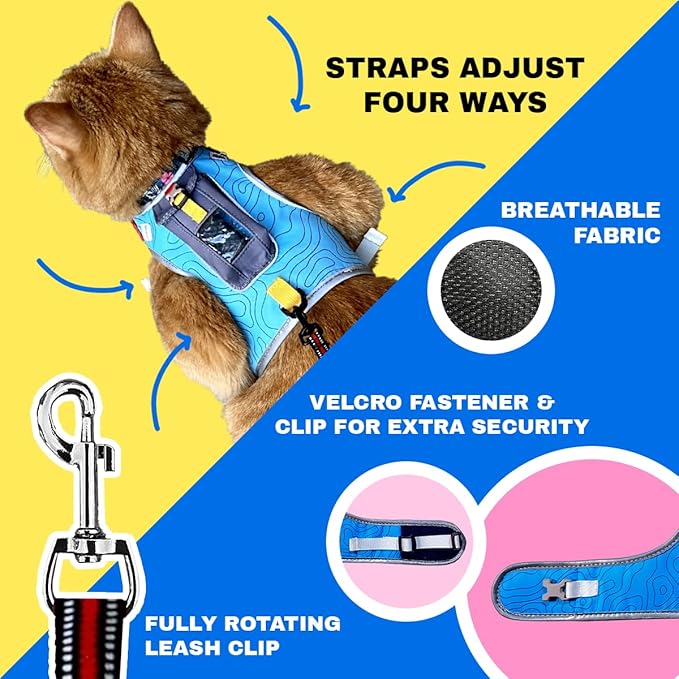 Travel CAT The Pathfinder Cat Harness with GPS Tracker Pocket - Powered by Tractive Cat Harness Escape Proof - Walking Escape Proof Harness for Small, Large Cat, Kitten (Blue, Small)