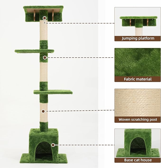 Cat Wall Shelves, Wall Mounted Pet Shelf Furniture w/Plush Fabric(20 Piece Set), 63''H Cat Tower w/Scratching Posts, Cats Furniture with 40''L Tunnel, Condos, House, Steps and Ladder, Green