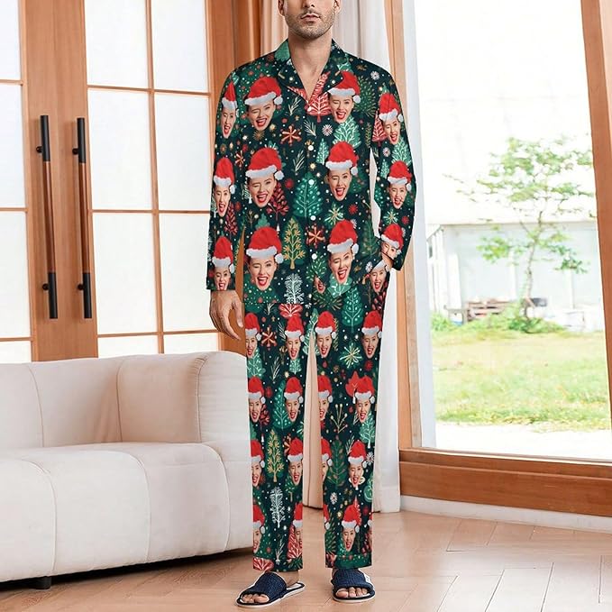 Custom Face Pajamas for Women Men,Personalized Dog Cat Pet Pajamas Set,Christmas Long Sleeve Sleepwear Pjs