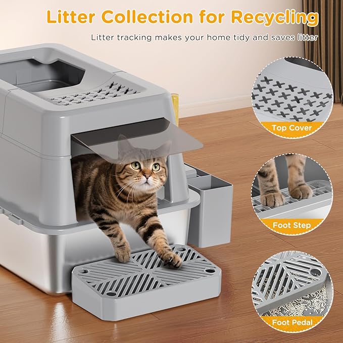 Stainless Steel Litter Box with Lid, XL Closed Metal Litter Box Modular Design with Flip Lid Fits All Cats, Extra Large Covered High Sided Cat Box, Scoop, Non-Sticky, Easy Cleaning, Grey