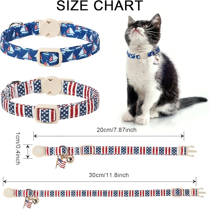 4th 0f July Cat Collar,2Pack Patriotic Day Kitten Collars Cute Flag Breakaway Kitty Collars,Summer Baseball Blue Cat Collar with Bell, for Girl & Boy Cats