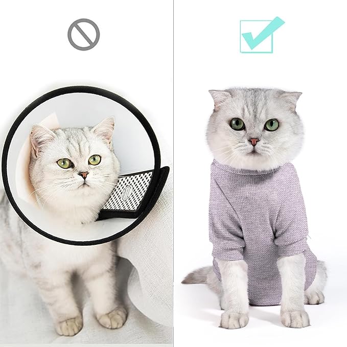 Dotoner Cat Surgery Recovery Suit for Female Male Anti-Licking Pet Surgical Pajamas Long Sleeve Prevent Shedding Cat Spay Recovery Suit&E Collar Alternative Bodysuit for Cats