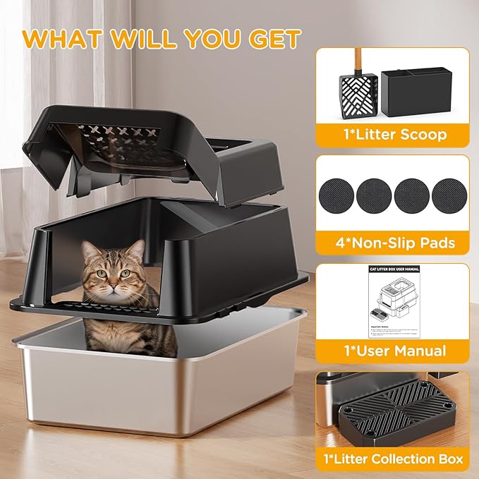 Stainless Steel Litter Box with Lid, XL Closed Metal Litter Box Modular Design with Flip Lid Fits All Cats, Extra Large Covered High Sided Cat Box, Scoop, Non-Sticky, Easy Cleaning (Black)