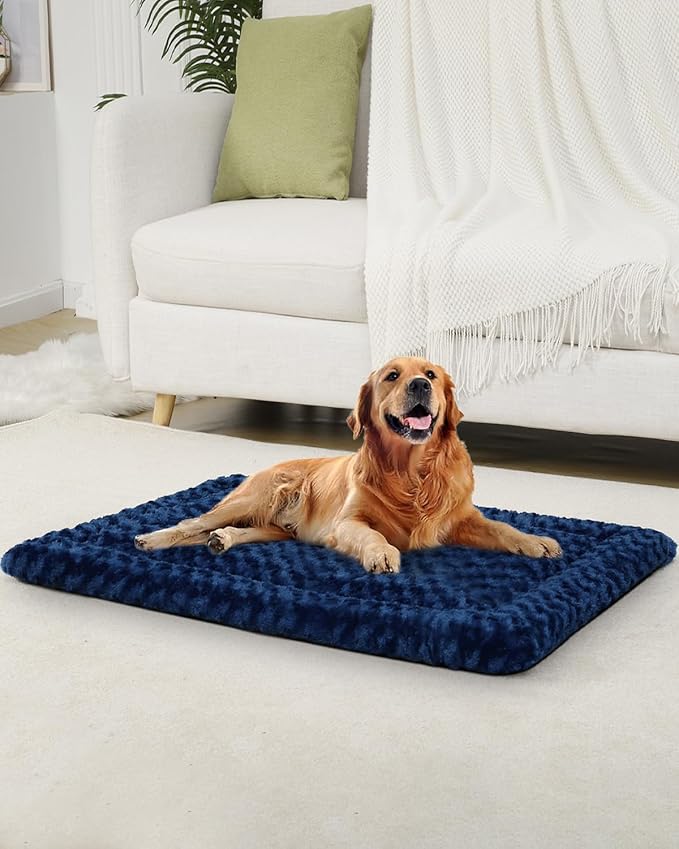 Washable Dog Bed Mat Reversible Dog Crate Pad Soft Fluffy Pet Kennel Beds Dog Sleeping Mattress for Large Jumbo Medium Small Dogs, 41 x 27 Inch, Blue