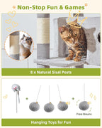Taoqimiao Cat Tree Tower, 76-Inch Sturdy Cat Tree for Indoor Cats Large Adult Cat Tower with Scratching Posts，2 Condos, 2 Perches, 2 Large Hanging Baskets, Soft Hammock, MS046W Light Gray