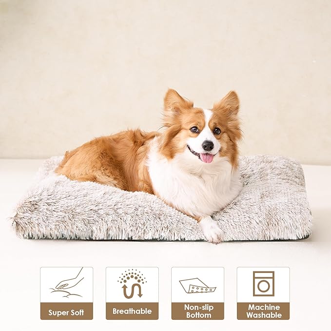 EHEYCIGA Fluffy Dog Crate Bed for Large Dogs, Plush Faux Fur Crate Pad, Calming Anti Anxiety Large Dog Bed, Washable Soft Warm Mat with Non-Slip Bottom, Brown