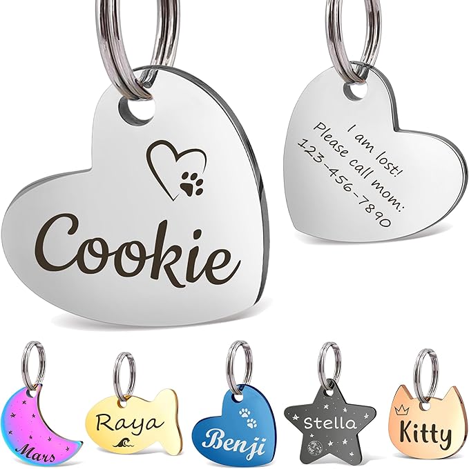 Anavia Small Size Dog Cat ID Tags, Small/XS Personalized Color Plated Stainless Steel Puppy Kitten Name Tags, Customized Engraved Nameplate Pet Collar Tag (Silver, Heart)