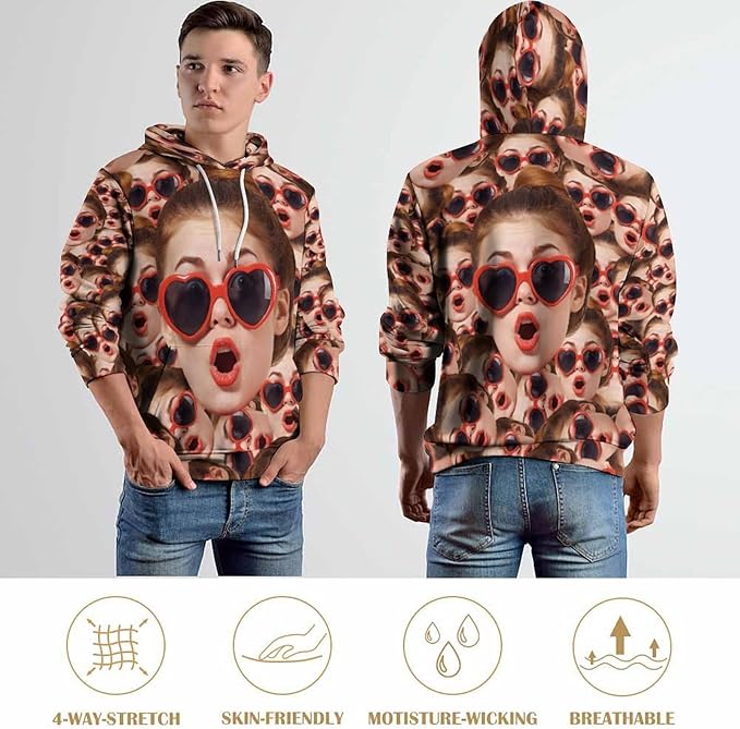 Artsadd Custom Face Unisex athletic Pockets Sweatshirt Loose Hoodie Custom Christmas Long Sleeve Sweatshirt Hooded Pullover