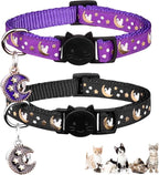 2Pcs Breakaway Cats Collars Cat Collars for Boy & Girl Cats Moons Adjustable Kitten Collars with Bell & Pendant Glow in The Dark,Purple+Black