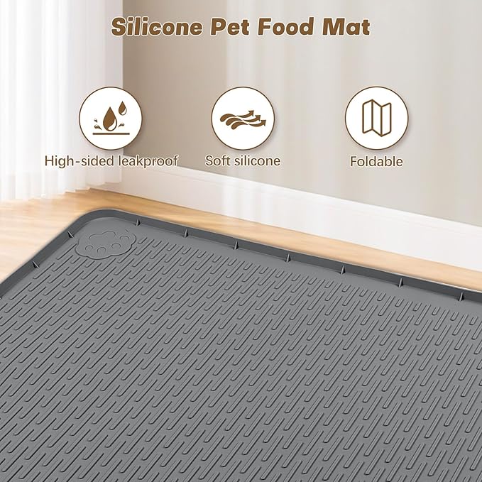 Cat Food Mat, 40" x 28" Extra Large Silicone Pet Feeding Mat with Raised Edge Pet Placemat for Food and Water Bowl Non-Slip, Easy to Clean, Floor Protection (Dark Grey)
