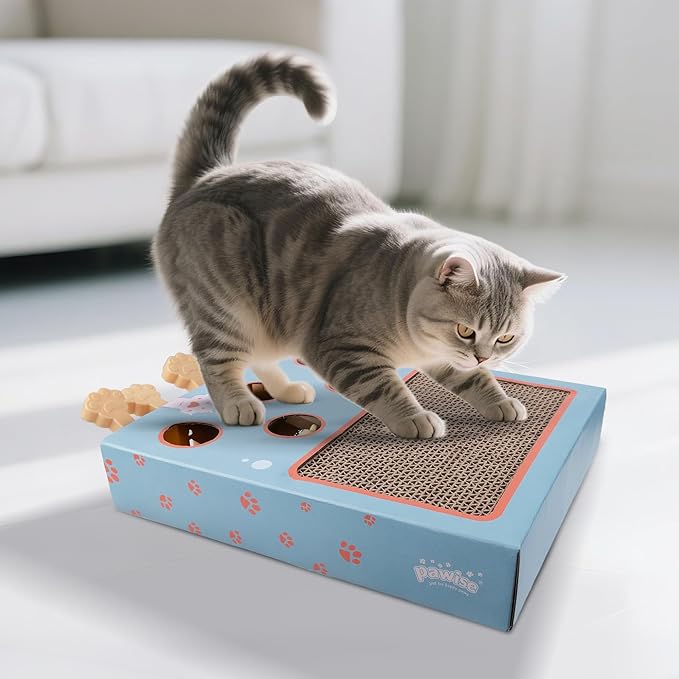 PAWISE 3-in-1 Interactive Cat Toy, Whack-A-Mole Cat Puzzle & Cat Scratching Board with Catnip, Cardboard Cat Scratcher Box for Indoor Cats, Kitten IQ Boost & Boredom Relief
