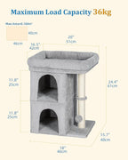 24in Cat Tree Tower with Scratching Post, 19 * 16.5in Window Perch Bed for Large Adult Cats, 2 Small Condo Cubbies for Indoor Kittens, Light Gray