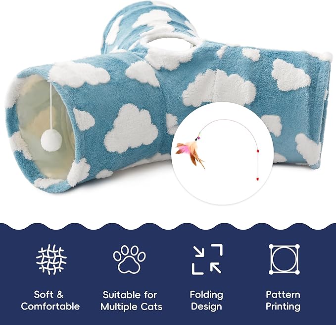 Tempcore Cat Tunnels for Indoor Cats, Cat Tube Toys 3 Way Collapsible, Pet Play Tunnel with Peek Hole Toy Ball for Kitty, Kitten, Rabbit, Blue Cloud