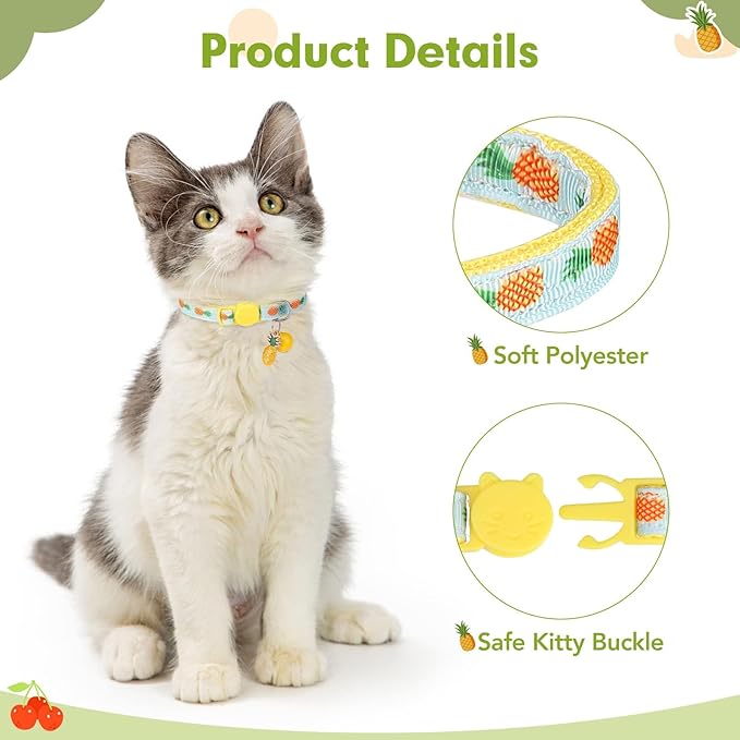 BINGPET Breakaway Cat Collar with Bell, 3 Pack Cat Collars for Girl Cats, Cute Kitty Collars Accessories with Pineapple & Cherry & Strawberry