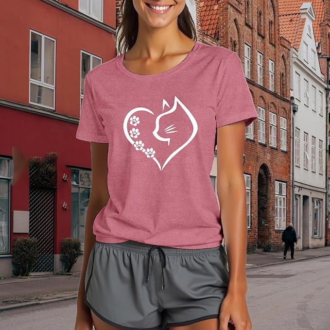 Cat Shirts for Women Cat Mom Tshirts Pet Lover Shirt Cats Paw Print Tee Tops