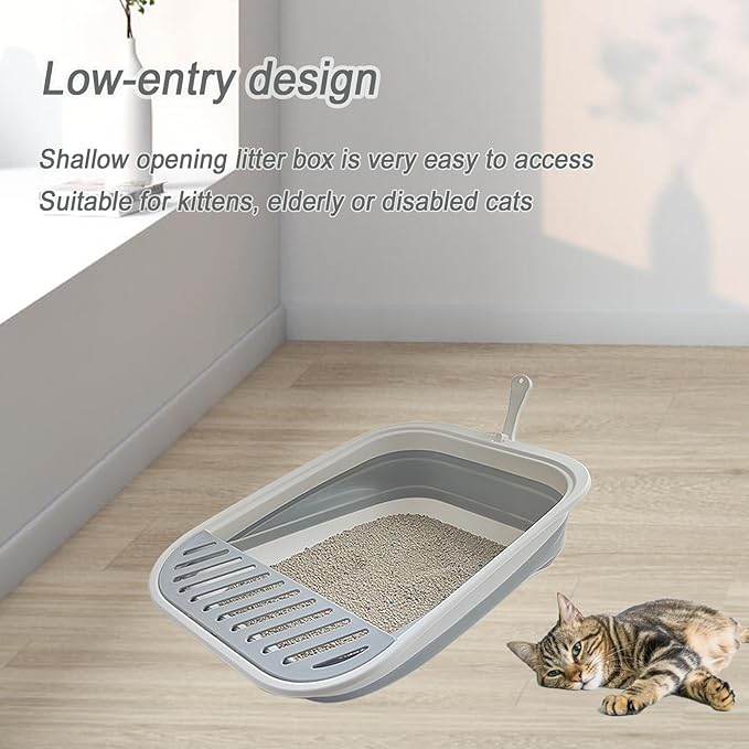 Collapsible Kitten Litter Box, 17.7 x 13.4 x 5 inch Open Cat Potty Pan with Scoop Foldable Shallow Cat Toilet Anti-Splashing Low Entrance Travel Litter Box with Falling Sand Pedal Grey