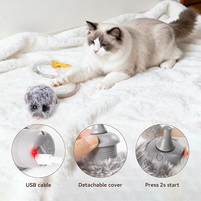 Migipaws Interactive MigiMouse Cat Toy 360° Rolling & Spin with Wiggling Tail for Indoor Cats Smart Motion Sensor, Realistic Squeak, Rechargeable Plush Kitten Toy(Grey Long)