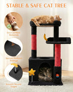 32In Cute Cat Tower for Indoor Cats with Cat Condo, Plush Platform, Hammock, Sisal Scratching Posts, Dangling Ball, Tall Cat Tree Tower with Self-Grooming Brush (Jet Black)