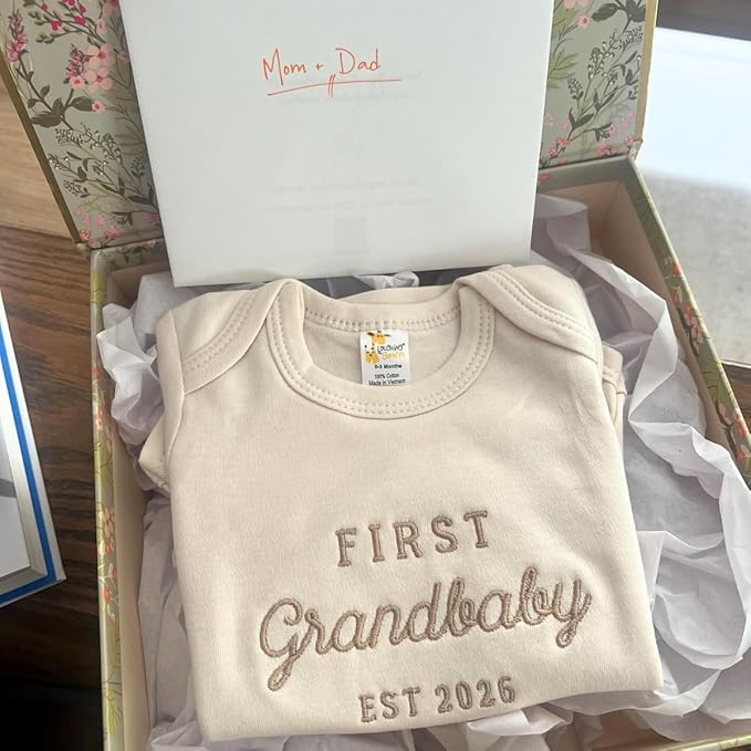 COUPLEHOODIES Personalized Baby Onesie Bodysuit – Custom Embroidery Gift for Pregnancy Reveal Baby Shower or First Grandchild