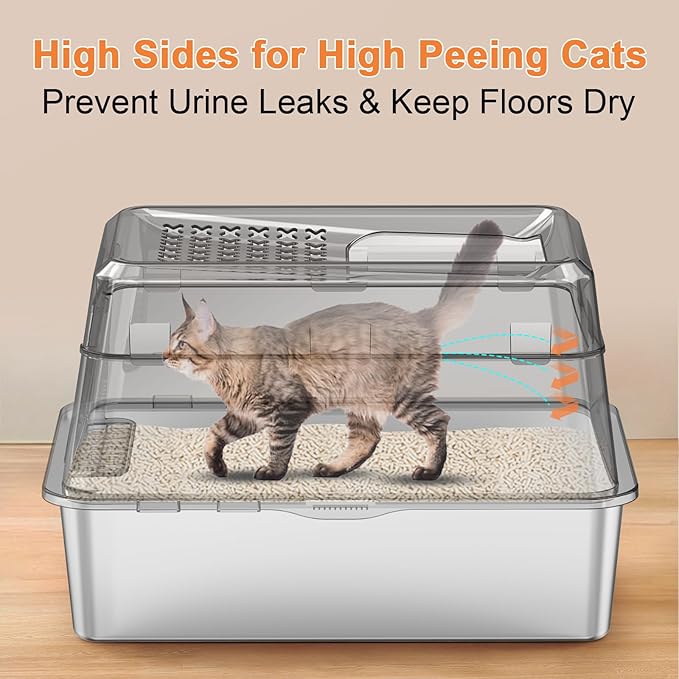 URPOWER Stainless Steel Cat Litter Box with Lid Extra Large Enclosed Litter Box for Cats Non-Sticky Metal Pan with High Sided Enclosure & Scoop, Front & Top Entry, Anti-Leakage, Easy Cleaning