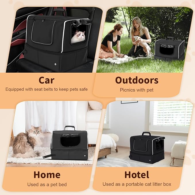 Cat Enclosed Travel Litter Box Kit with Lid Odorless Dustless, Lightweight Cat Portable Foldable Litter Box for Indoor and Car
