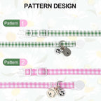 Lionet Paws 2pcs Pack Cotton Cat Collar,Breakaway Buckle with Green Pink Grid and Brand Pendant Cute Adjustable Cat Kitten Collar,Ideal for Girl Cats Boy Cats
