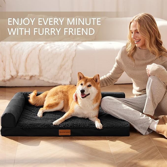 Patas Lague Orthopedic XL Dog Bed Large Sized Dog 48''X30'', Waterproof L Bolster Big Pet Sofa Beds with Removable Washable Cover, Soft Comfortable Pet Couch Crate Mat with Nonskid Bottom, Black