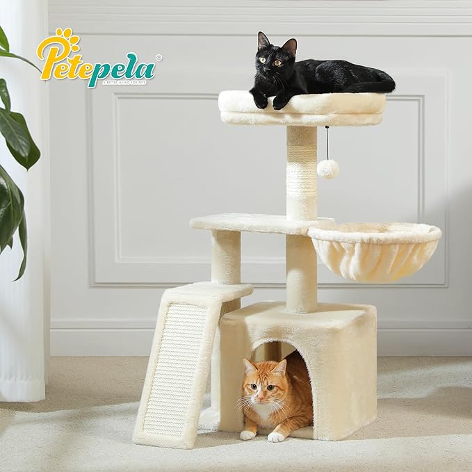 PETEPELA Small Cat Tree for Indoor Cats, 32'' Cute Cat Tower Cat Condo with Sisal Scratching Ramp, Cozy Hammock and Removable Top Bed Perch for Kittens, Beige