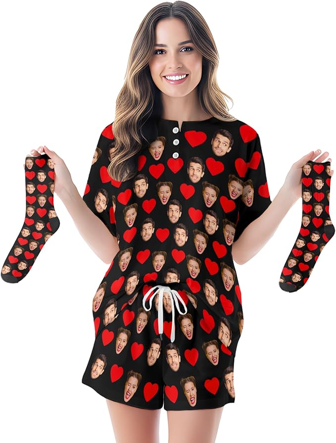 D-Story Custom Short Pajama Set with Pet Face Personalized Photo Sleepwear 2 Pieces Pjs Nightwear Xmas Gift for Women