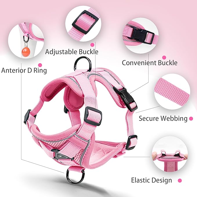 No Pull Dog Harness with Leash Set for Small Sized Dog, Reflective Adjustable No Choke Front Clip Cat Vest Harness with Breathable Mesh, Comfortable Soft Padded Pet Vest, Pink L