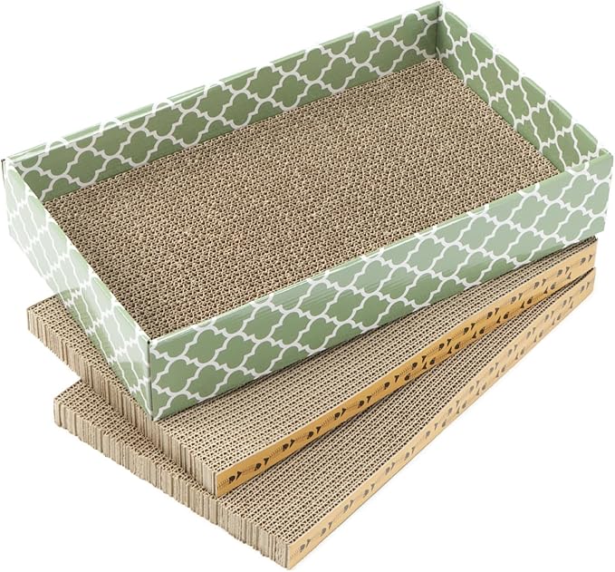 MECOOL Cat Scratching Board，3PC Scratch Pad with Box，Reversible Corrugated Scratcher Cardboard and Lounge Bed for Indoor Cats, Catnip