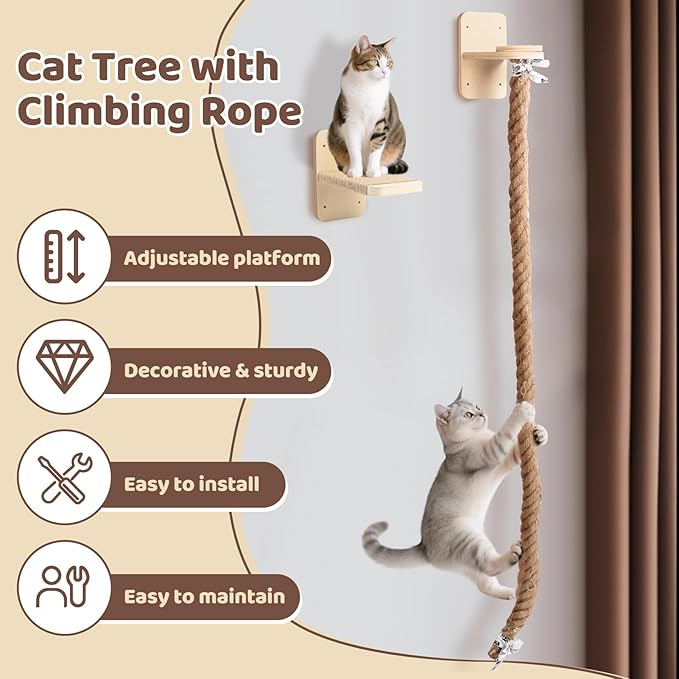Cat Climbing Wall, Wall Mounted Cat Ladder, Cats Climbings Pole with 59in Climbing Rope, Larger and Wider Base Cats Ladder for Walls with Scratching Post (1.5m/59in Long)