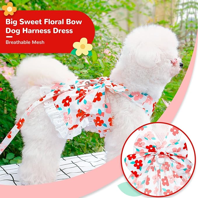 Dog Harness Dress Leash Set for Small Dog Summer Clothes Girl Female Puppy Cats Outfits Cute Floral Bowknot Princess Birthday Dress for Extra Small Pet Doggie Kitten Outfits Apparel(Red,M)
