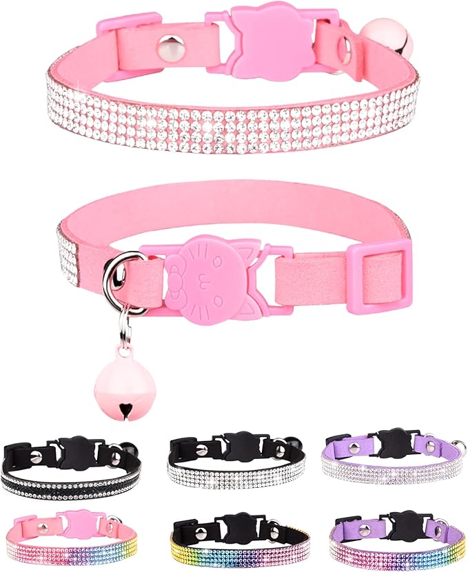 Cat Collars for Girl Cats with Rhinestone Soft Velvet,Breakaway Cat Collars with Bell,Adjustable Safe Kitten Collar (Pink)
