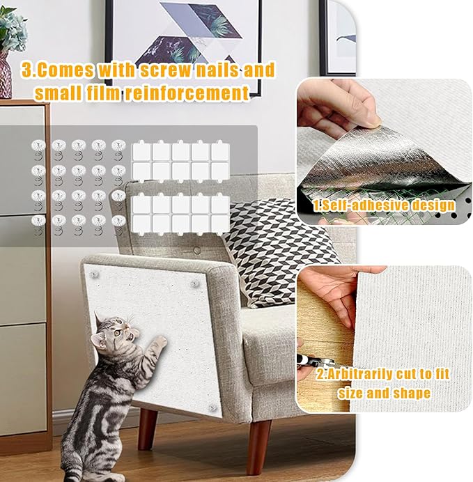 Cat Scratch Mat,118.5"x17.4" Trimmable Self-Adhesive Cat Scratch Furniture Protector, Sticky Cat Scratcher Wall Mat, Covering Cats Tower, Couch Protector from Cats Claws (White)