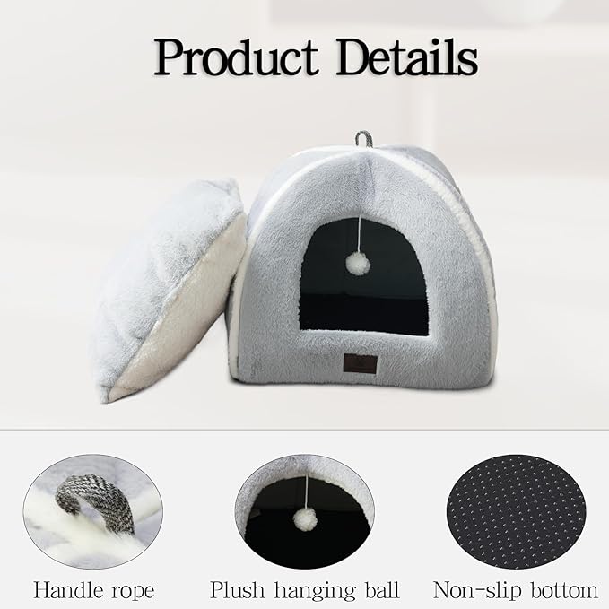 Cat Bed for Indoor Cats - Cat House Cats Tent with Removable Washable Cushioned Pillow, Soft and Self Kitten beds,Pet Bed, Grey,15inches