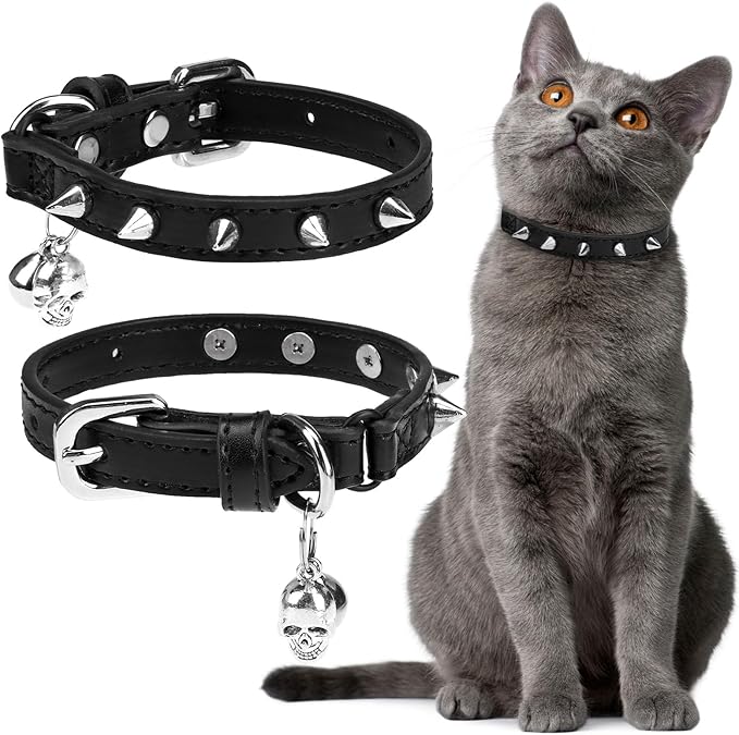 EXPAWLORER Leather Cat Collar for Girl Boy- Adjustable Pet Collar with Safety Elastic Belt,Personalized Punk Accessories Buckle Collars with Bell & Durable D-Ring,Pure Rivets(Black)
