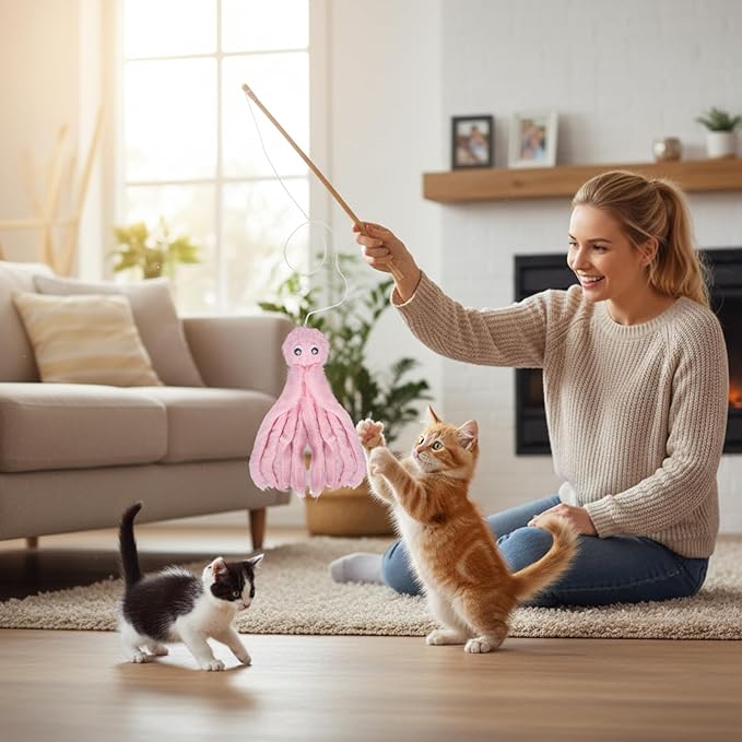 2-Pack Cat Toy Wand Set: Interactive Cat Teaser Wands with Bells and Streamers to Engage Your Cat’s Natural Instincts (Lion and Mouse)