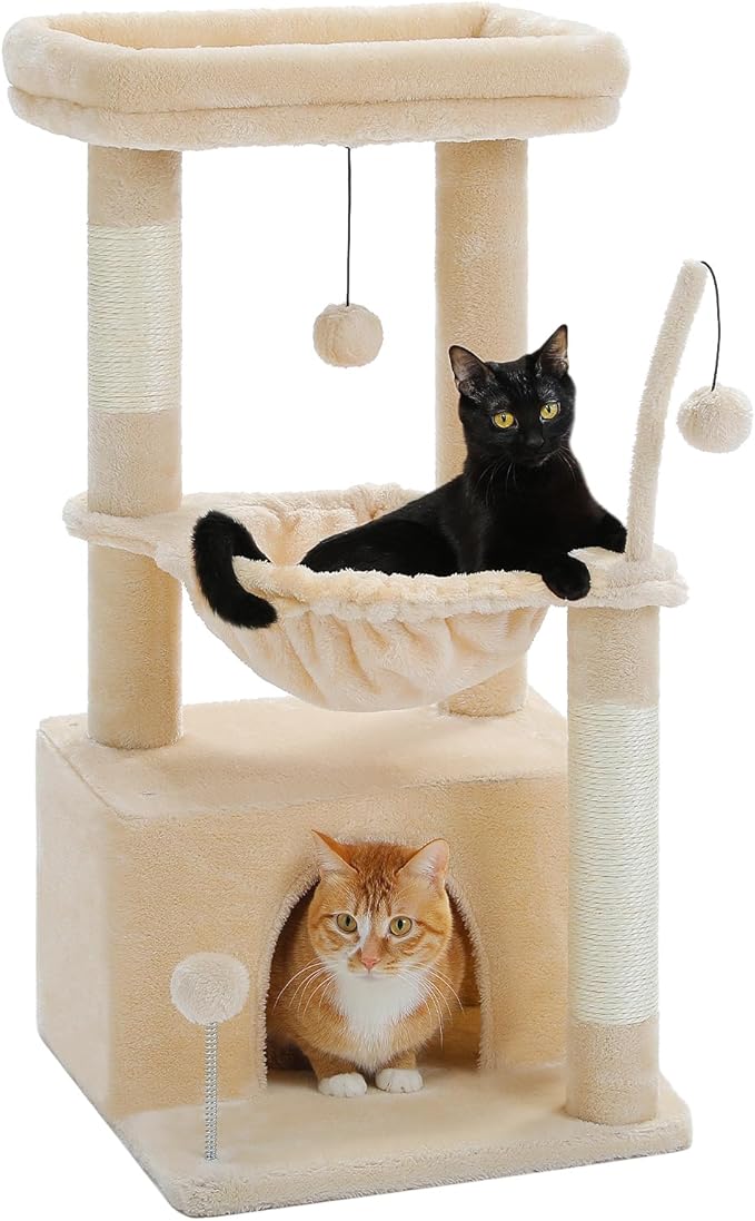 PEQULTI 4-in-1 Cat Tree, 33'' Cat Tower for Indoor Cats with Large Cat Condo, Scratching Post for Cats with Deep Hammock& Cozy Top Perch, Beige