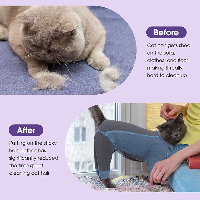 SUNFURA Hair Sticky Cat Clothes, Cat Sweater for Cats Only, 4-Legged Fleece Sweaters Kitten Pajamas Reduce Shedding Fur, Warm Pullover Shirts for Cats, Blue S